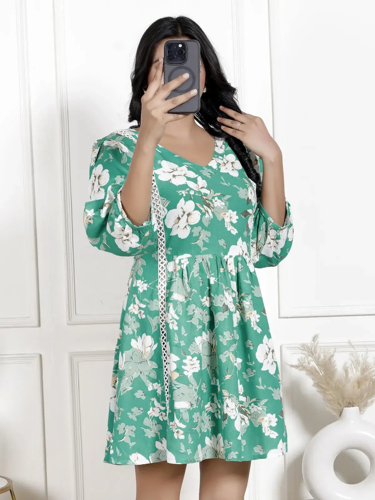 Emerald Green Floral Printed Tunic with Lace Detailing & Puff Sleeves | Short Flared V-Neck Kurti – Lamenda