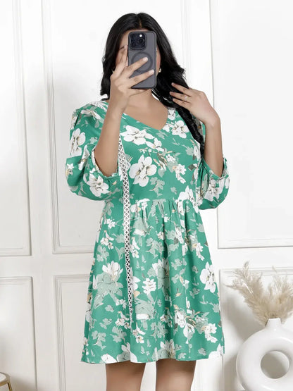 Emerald Green Floral Printed Tunic with Lace Detailing & Puff Sleeves | Short Flared V-Neck Kurti – Lamenda