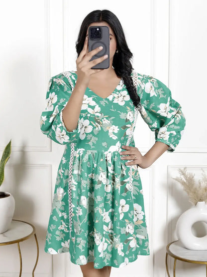 Emerald Green Floral Printed Tunic with Lace Detailing & Puff Sleeves | Short Flared V-Neck Kurti – Lamenda