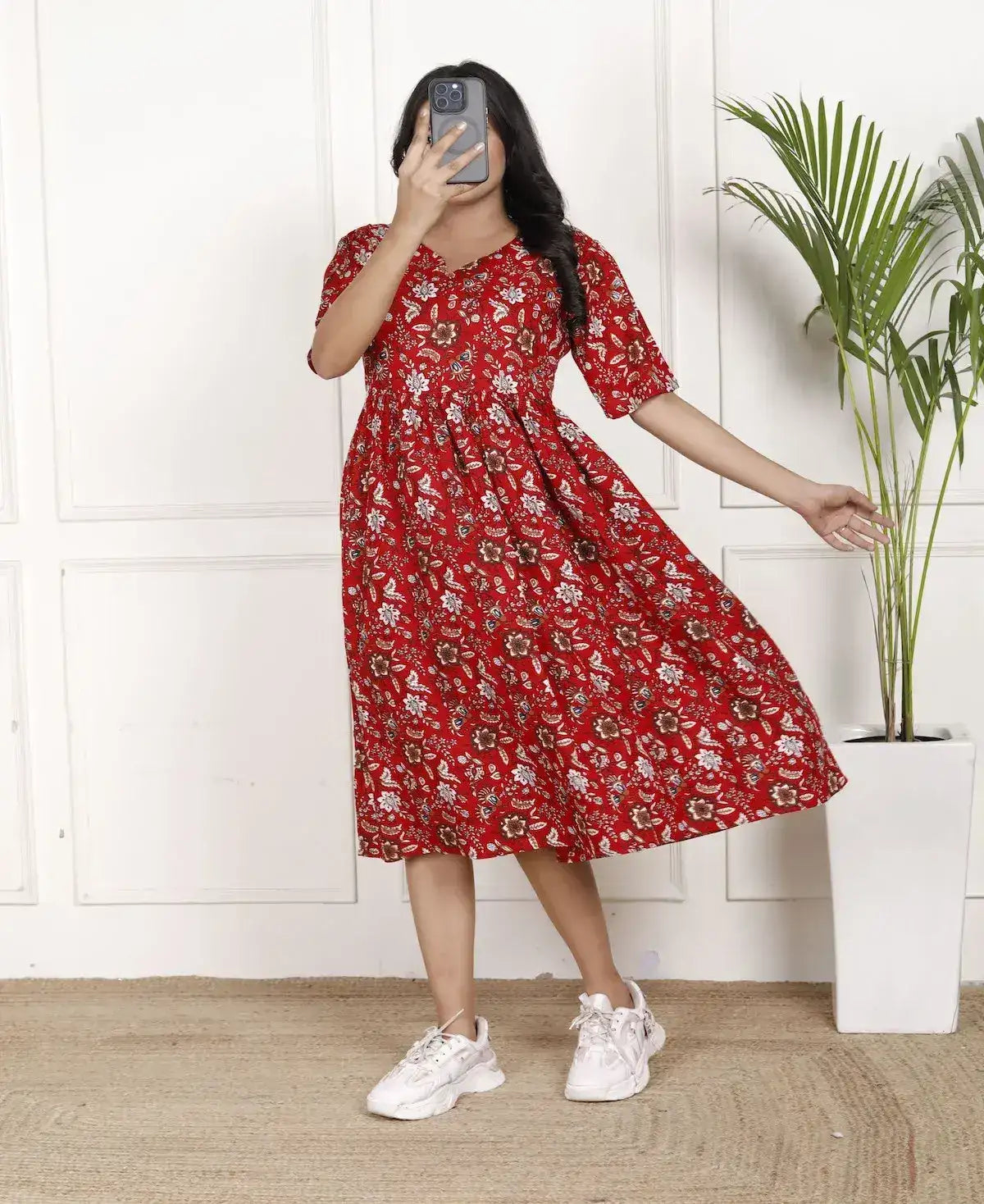 Crimson Red Floral Fit & Flare Midi Dress with V-Neck and Elbow Sleeves | Elegant Casual Wear – Lamenda