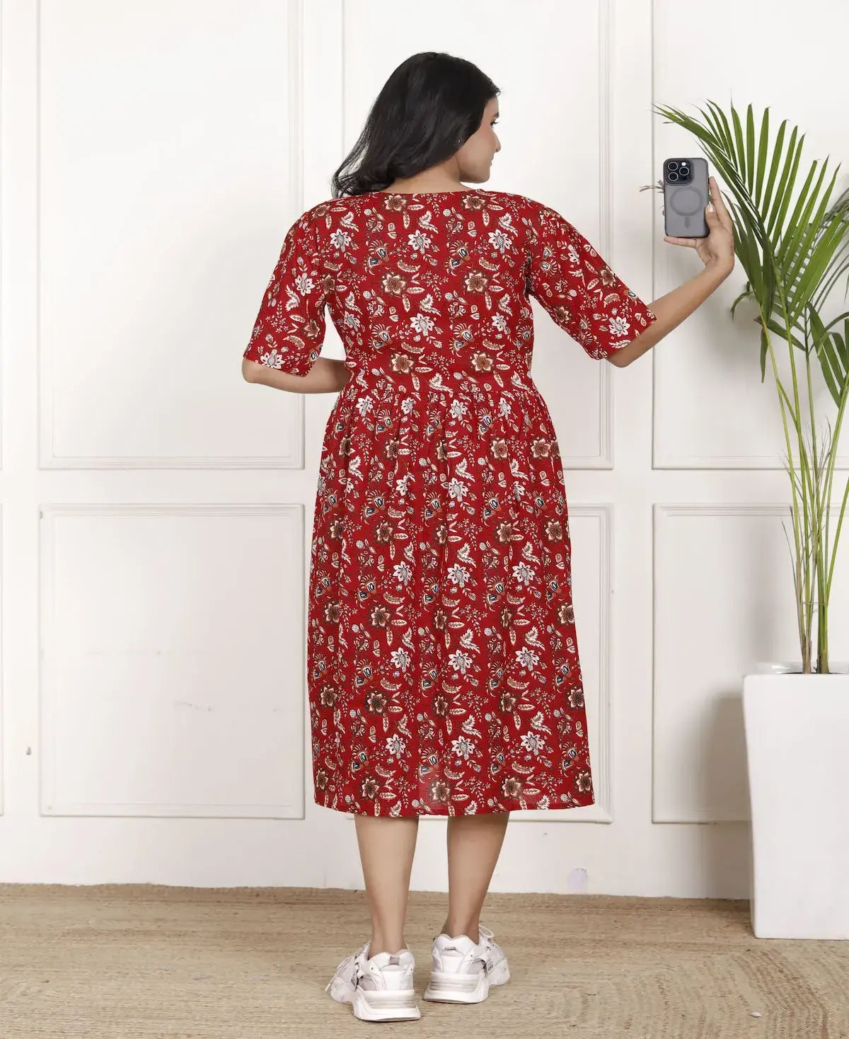 Crimson Red Floral Fit & Flare Midi Dress with V-Neck and Elbow Sleeves | Elegant Casual Wear – Lamenda