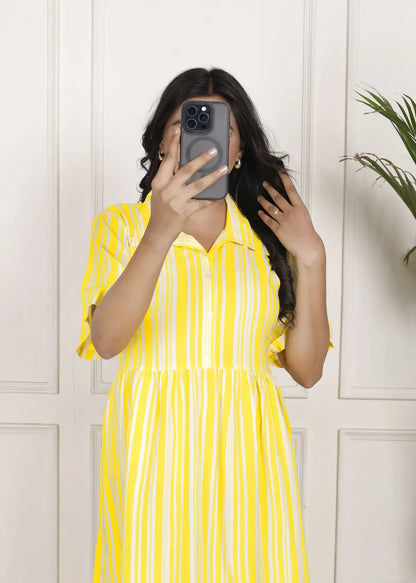 Sunshine Yellow Striped Midi Dress with Shirt Collar and Flared Hem | Breezy Casual Wear – Lamenda