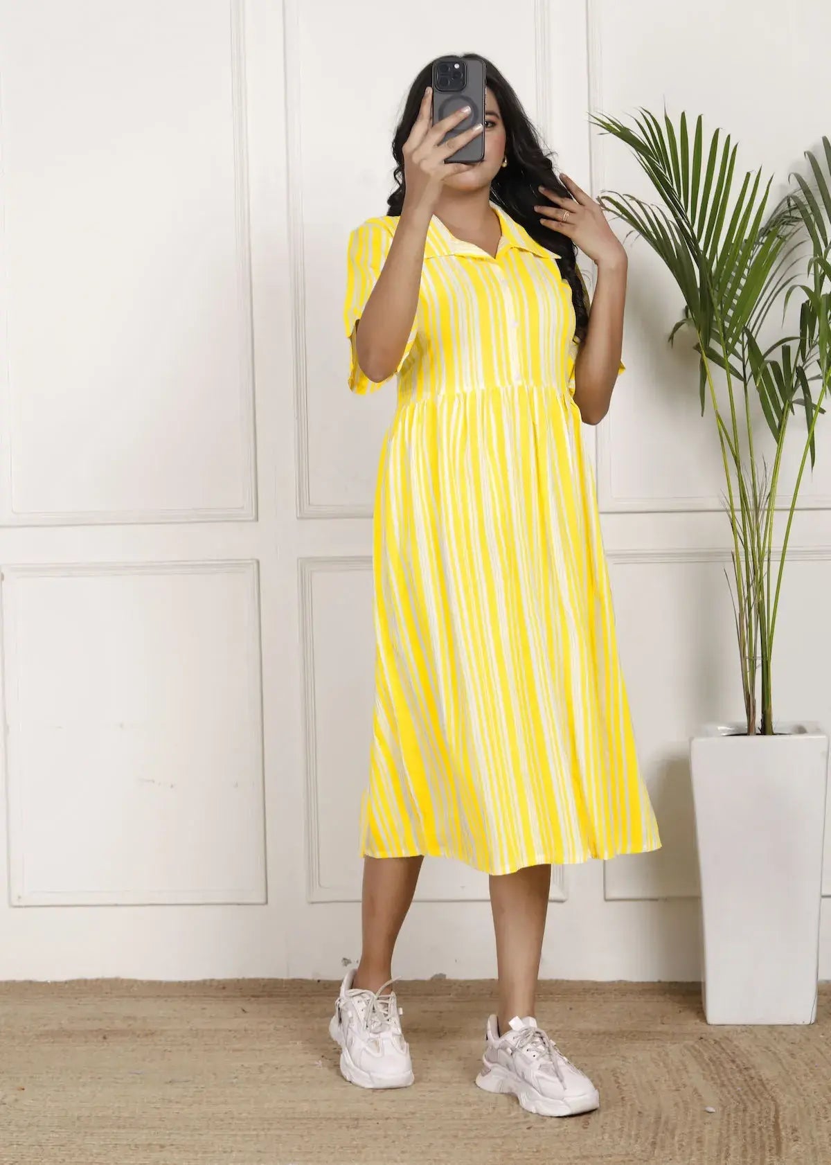 Sunshine Yellow Striped Midi Dress with Shirt Collar and Flared Hem | Breezy Casual Wear – Lamenda