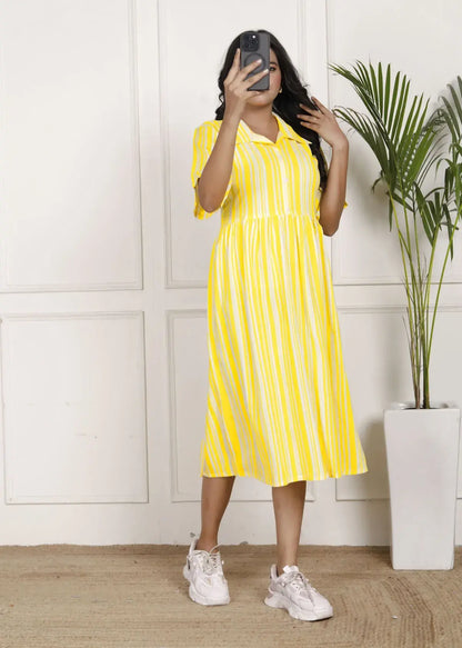 Sunshine Yellow Striped Midi Dress with Shirt Collar and Flared Hem | Breezy Casual Wear – Lamenda