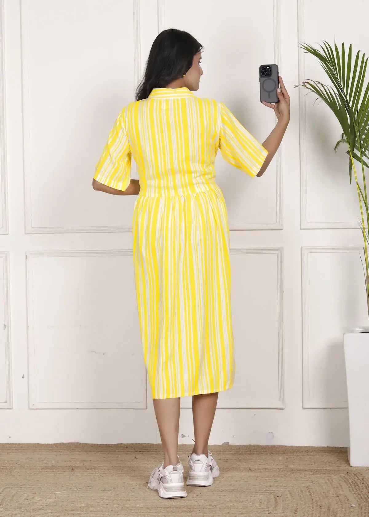 Sunshine Yellow Striped Midi Dress with Shirt Collar and Flared Hem | Breezy Casual Wear – Lamenda