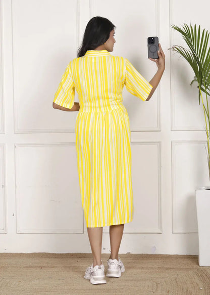 Sunshine Yellow Striped Midi Dress with Shirt Collar and Flared Hem | Breezy Casual Wear – Lamenda