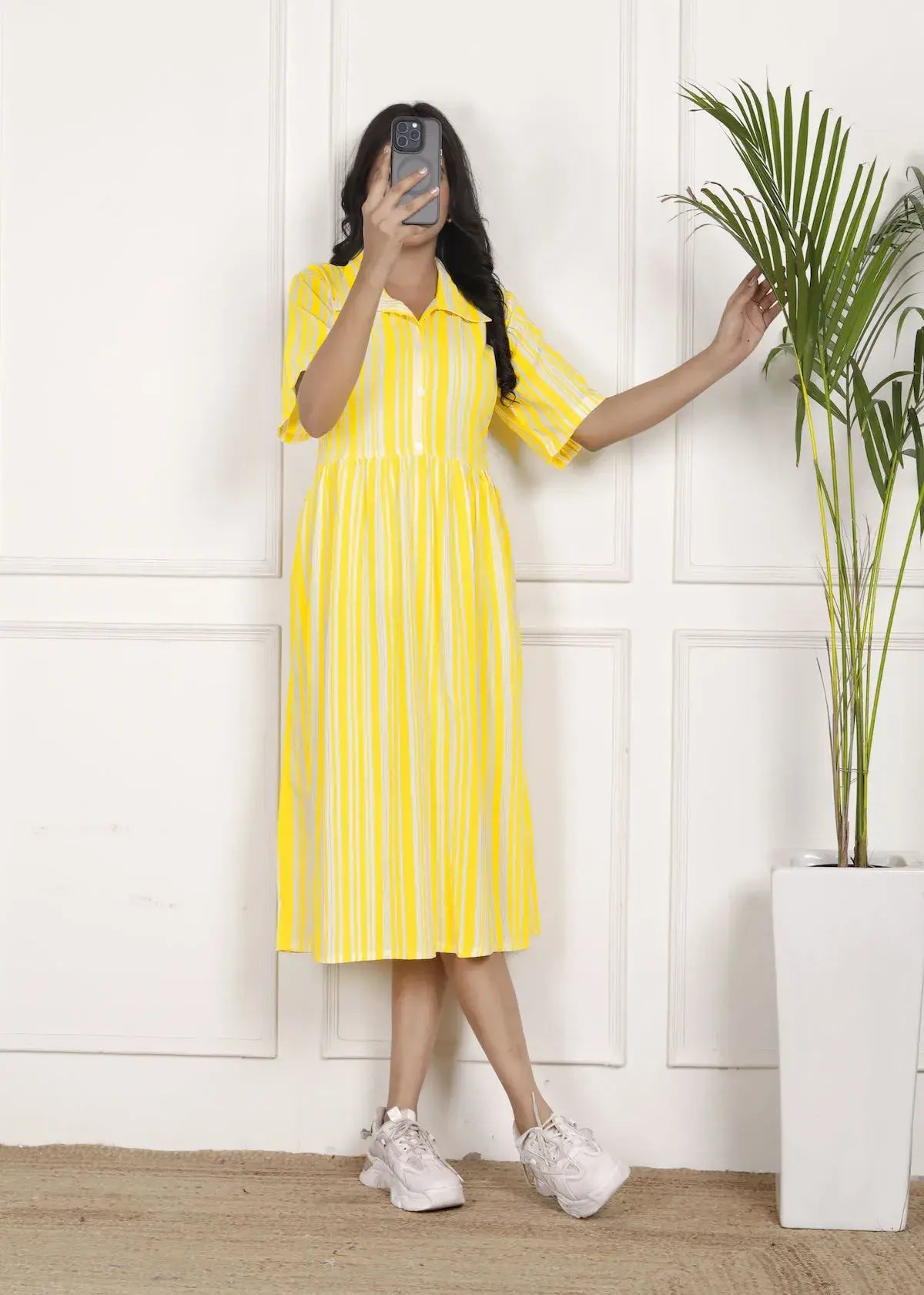 Sunshine Yellow Striped Midi Dress with Shirt Collar and Flared Hem | Breezy Casual Wear – Lamenda