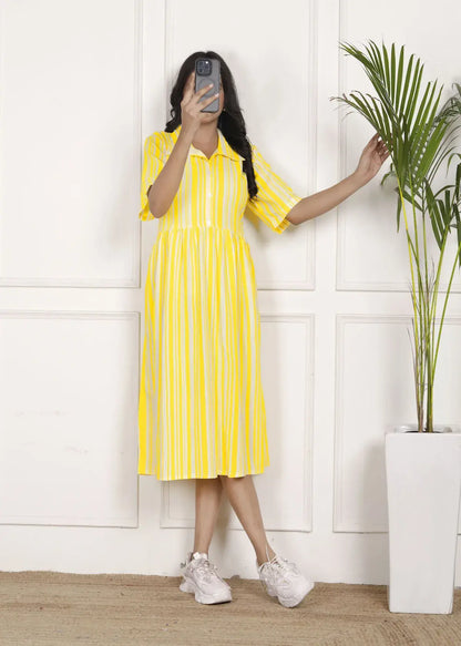 Sunshine Yellow Striped Midi Dress with Shirt Collar and Flared Hem | Breezy Casual Wear – Lamenda