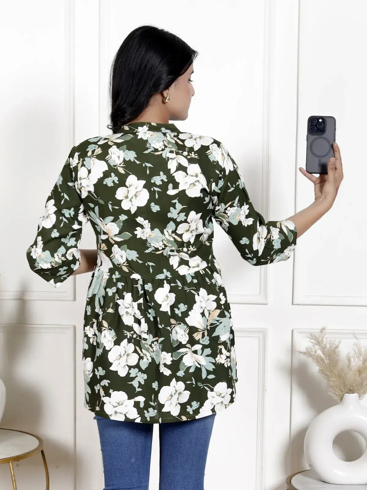 Olive Green Floral Button-Down Peplum Top with V-Neck & 3/4th Sleeves | Everyday Casual – Lamenda