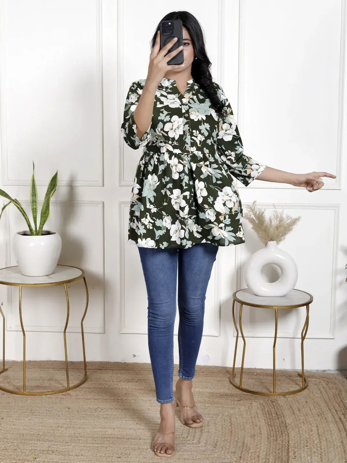 Olive Green Floral Button-Down Peplum Top with V-Neck & 3/4th Sleeves | Everyday Casual – Lamenda