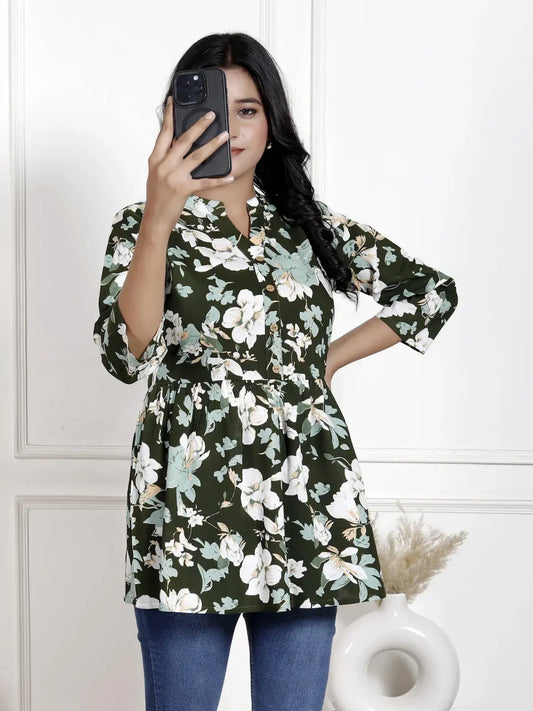 Olive Green Floral Button-Down Peplum Top with V-Neck & 3/4th Sleeves | Everyday Casual – Lamenda