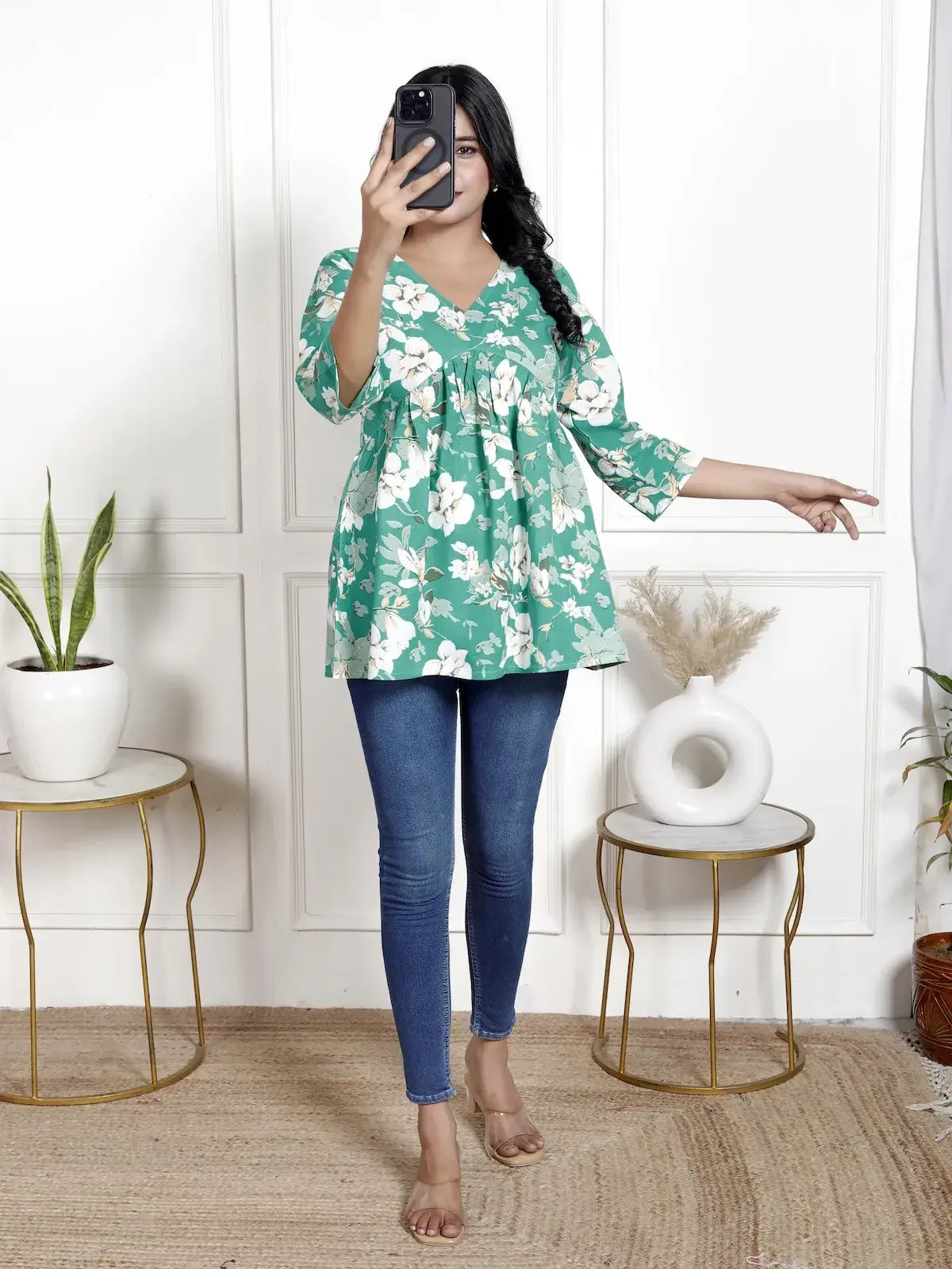 Teal Green Floral V-Neck Maternity-Friendly Empire Top with 3/4th Sleeves | Soft Cotton Casual Wear – Lamenda