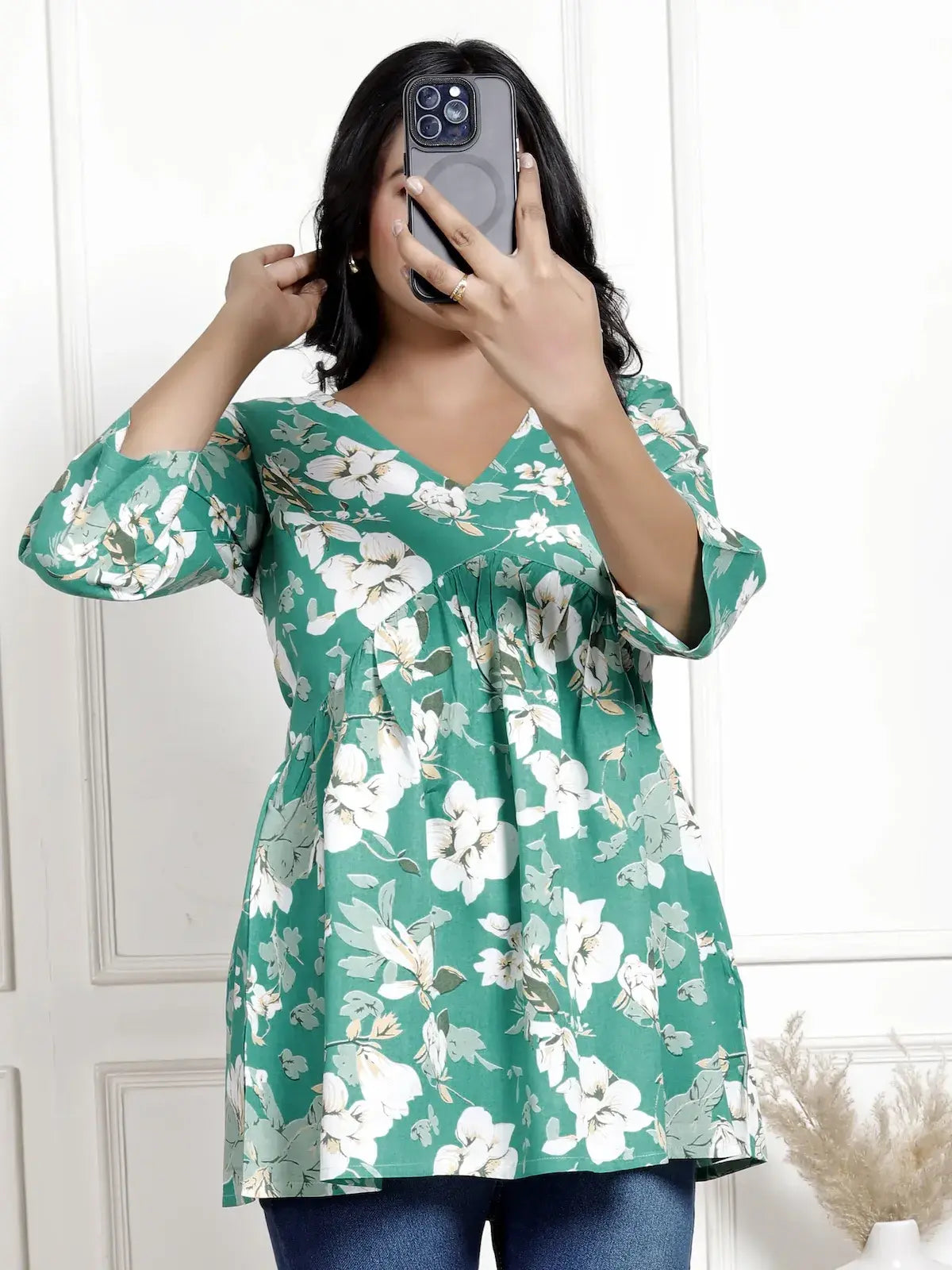 Teal Green Floral V-Neck Maternity-Friendly Empire Top with 3/4th Sleeves | Soft Cotton Casual Wear – Lamenda