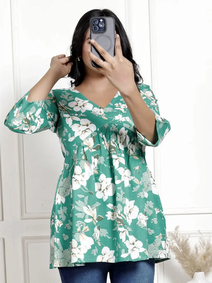 Teal Green Floral V-Neck Maternity-Friendly Empire Top with 3/4th Sleeves | Soft Cotton Casual Wear – Lamenda