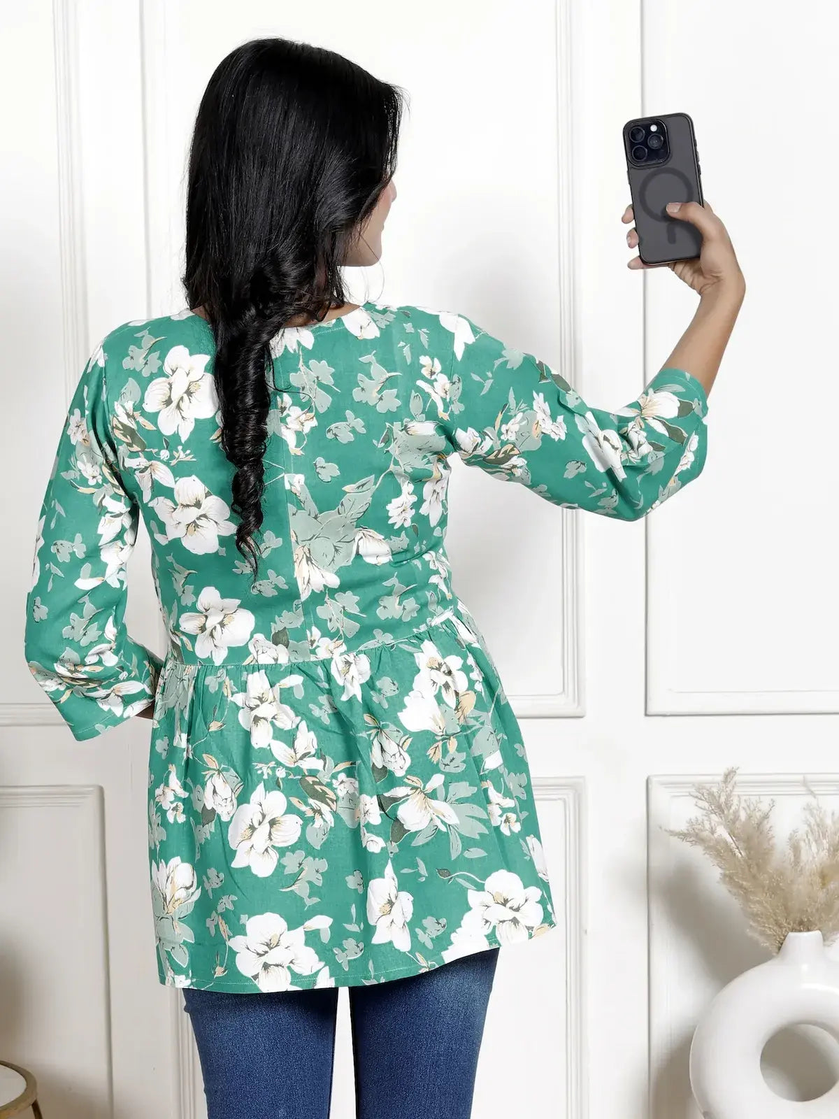 Teal Green Floral V-Neck Maternity-Friendly Empire Top with 3/4th Sleeves | Soft Cotton Casual Wear – Lamenda