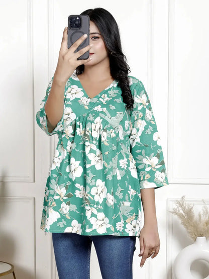 Teal Green Floral V-Neck Maternity-Friendly Empire Top with 3/4th Sleeves | Soft Cotton Casual Wear – Lamenda