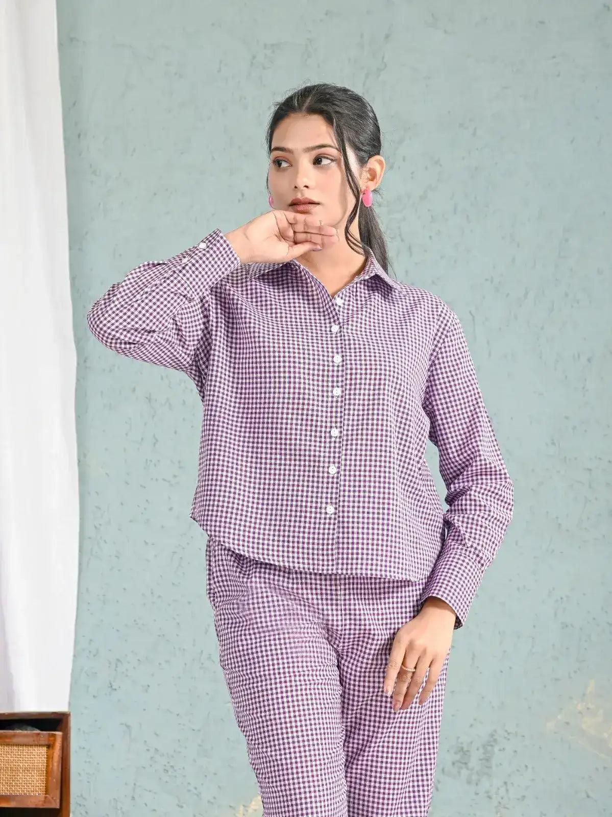 Purple Gingham Check Shirt and Pants Co-ord Set for Women | Smart Casual Everyday Outfits – Lamenda