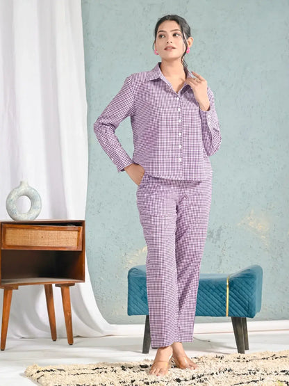 Purple Gingham Check Shirt and Pants Co-ord Set for Women | Smart Casual Everyday Outfits – Lamenda