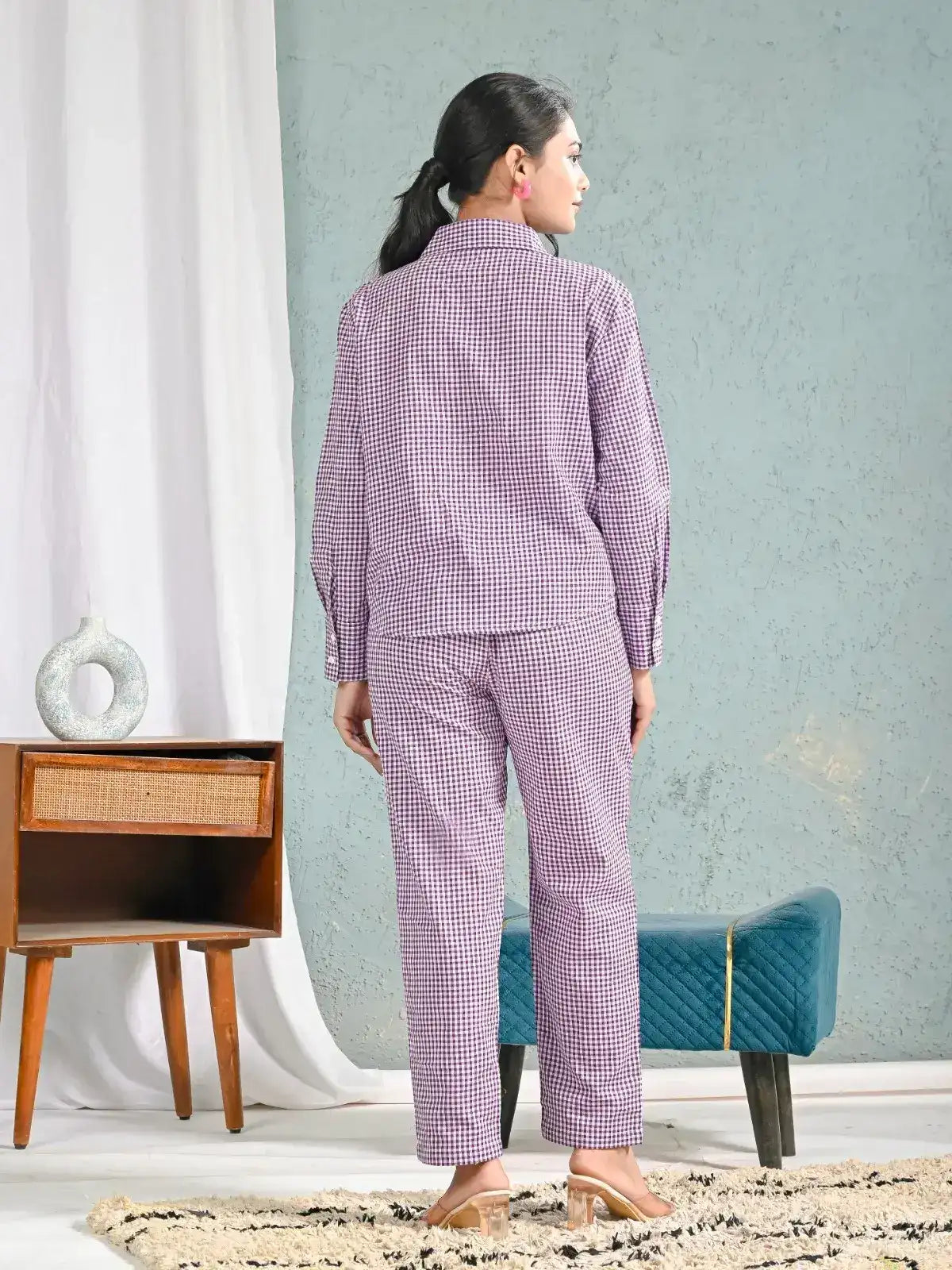 Purple Gingham Check Shirt and Pants Co-ord Set for Women | Smart Casual Everyday Outfits – Lamenda
