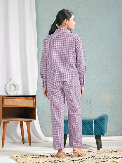 Purple Gingham Check Shirt and Pants Co-ord Set for Women | Smart Casual Everyday Outfits – Lamenda
