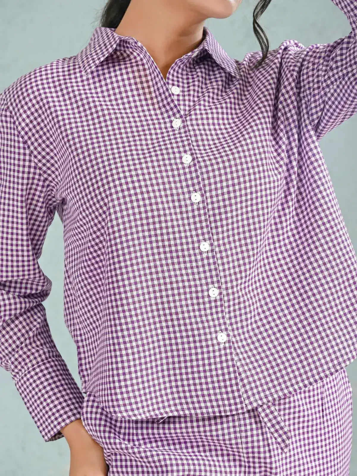 Purple Gingham Check Shirt and Pants Co-ord Set for Women | Smart Casual Everyday Outfits – Lamenda