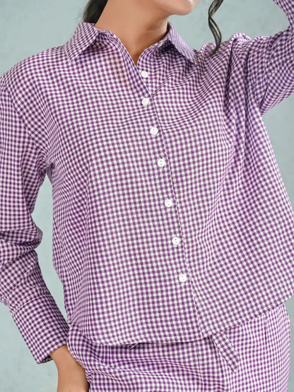 Purple Gingham Check Shirt and Pants Co-ord Set for Women | Smart Casual Everyday Outfits – Lamenda