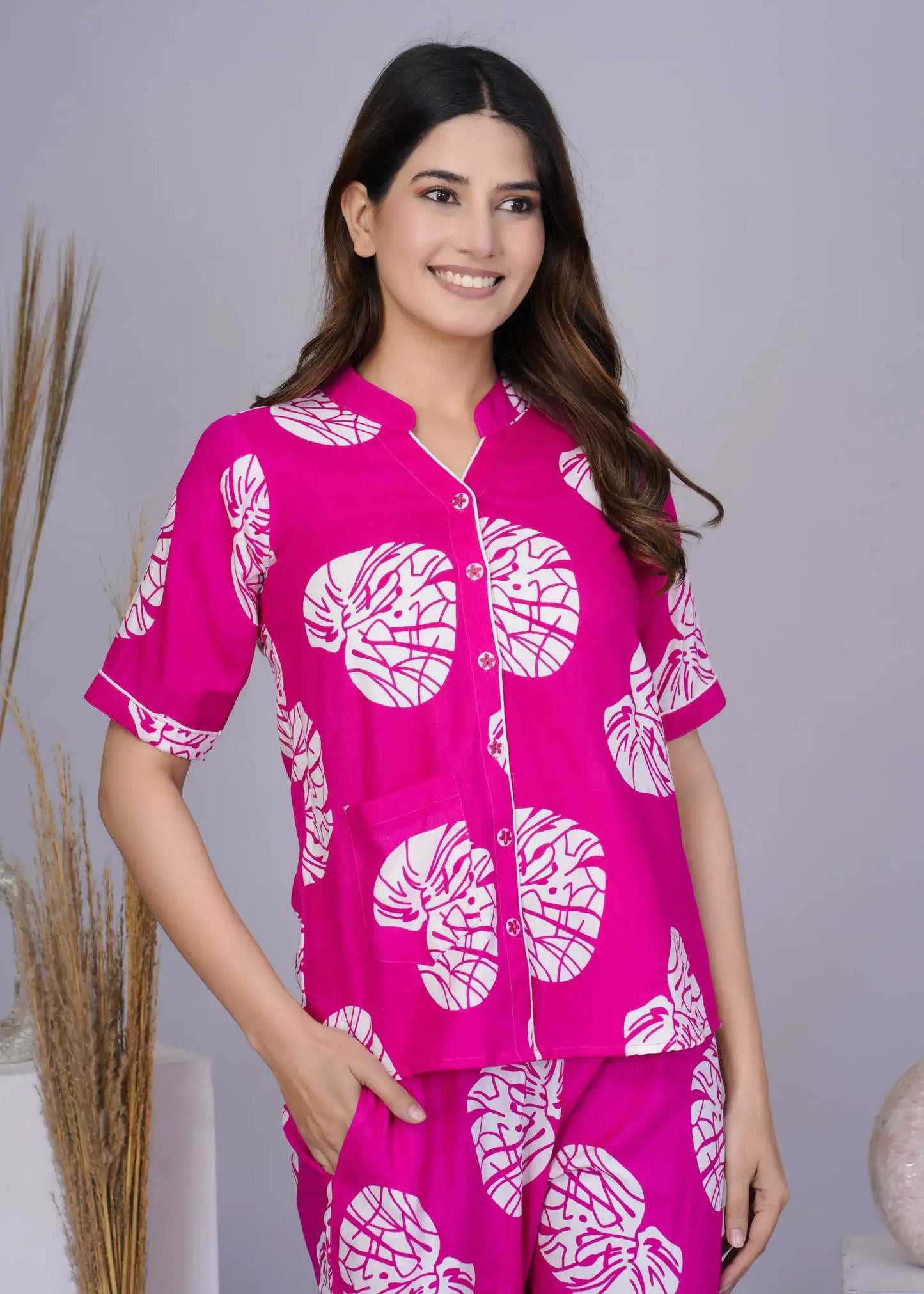 Pink Leaf Print Cotton Nightsuit with Half Sleeves & Notched Collar | Soft & Stylish Sleepwear Set – Lamenda
