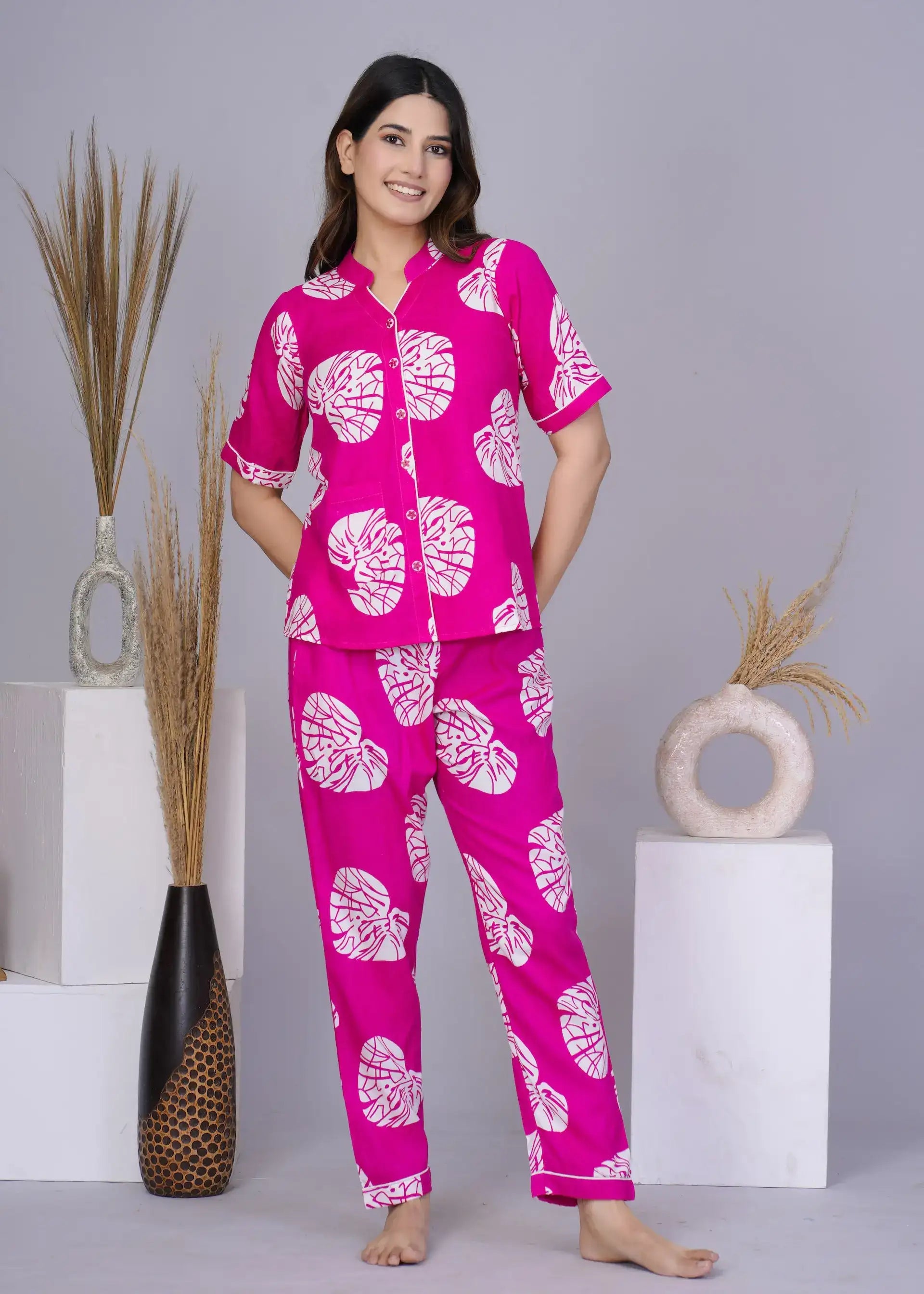 Pink Leaf Print Cotton Nightsuit with Half Sleeves & Notched Collar | Soft & Stylish Sleepwear Set – Lamenda