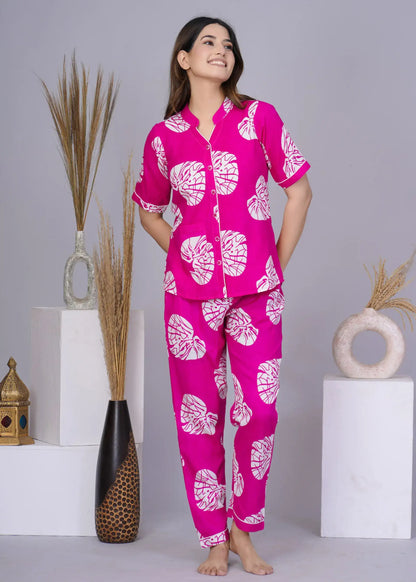Pink Leaf Print Cotton Nightsuit with Half Sleeves & Notched Collar | Soft & Stylish Sleepwear Set – Lamenda