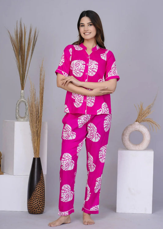 Pink Leaf Print Cotton Nightsuit with Half Sleeves & Notched Collar | Soft & Stylish Sleepwear Set – Lamenda