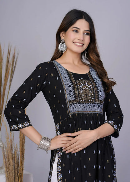 Black Nayra Cut Printed Kurti with 3/4 Sleeves | Elegant Cotton Ethnic Wear – Lamenda