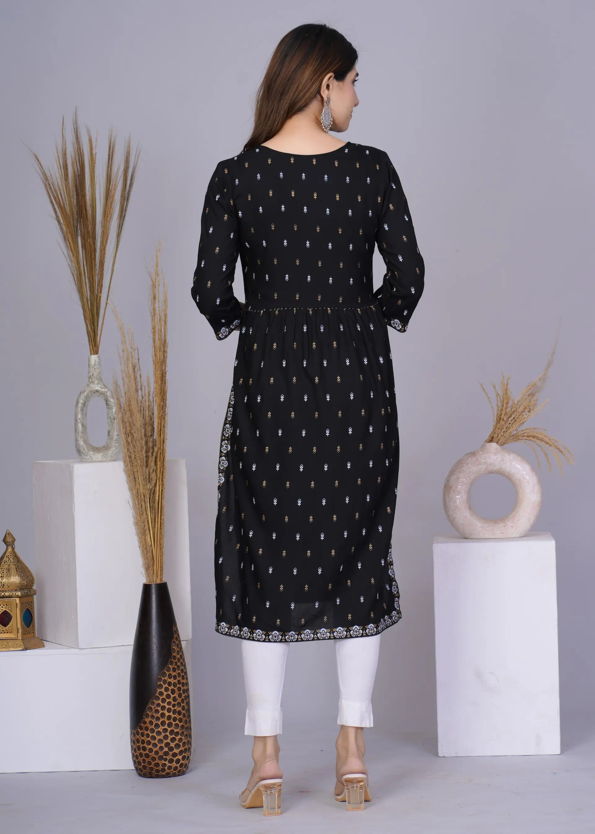 Black Nayra Cut Printed Kurti with 3/4 Sleeves | Elegant Cotton Ethnic Wear – Lamenda