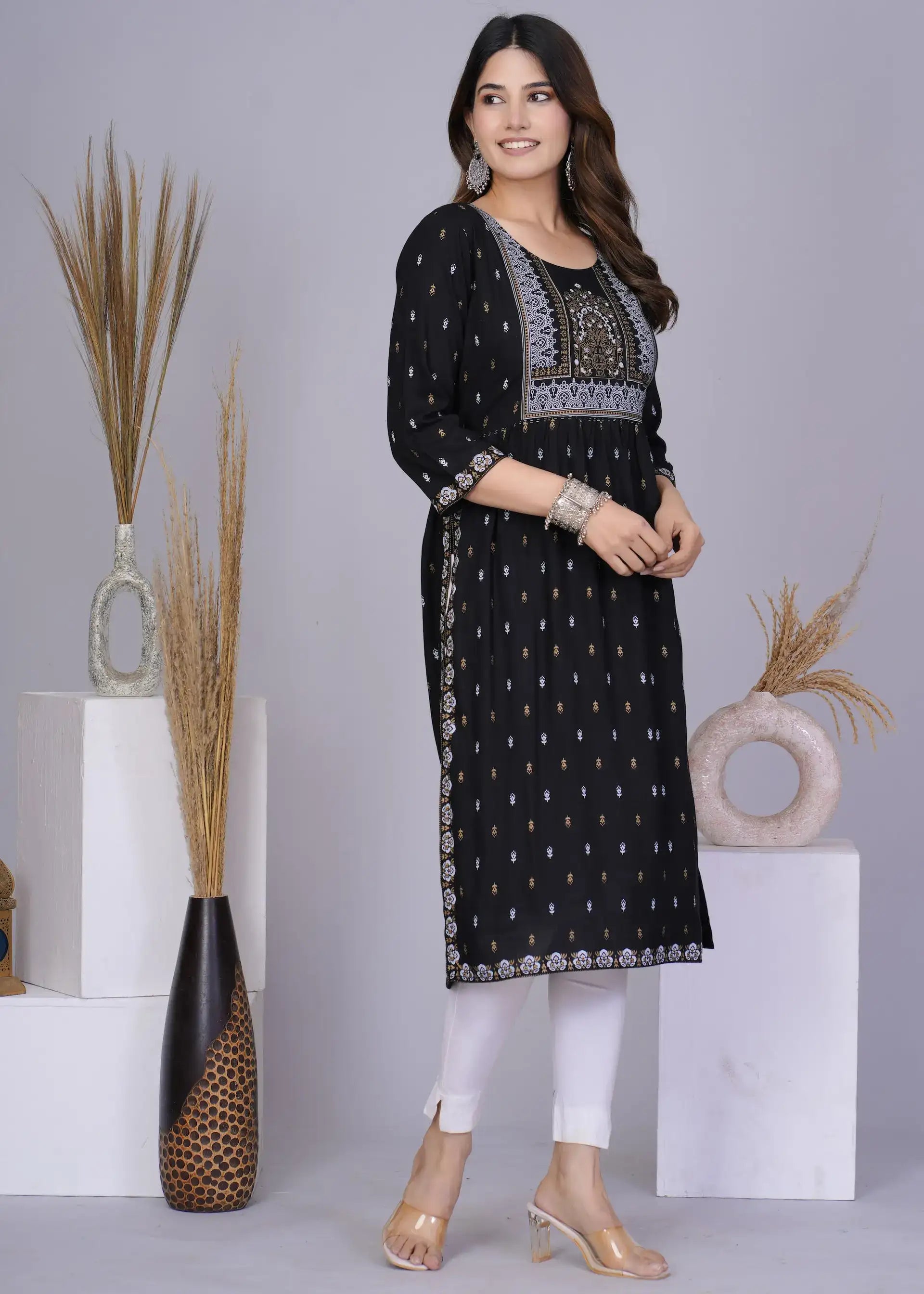 Black Nayra Cut Printed Kurti with 3/4 Sleeves | Elegant Cotton Ethnic Wear – Lamenda