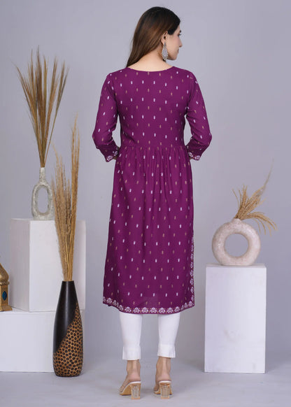 Purple Nayra Cut Printed Kurti with 3/4 Sleeves | Elegant Cotton Everyday Wear – Lamenda