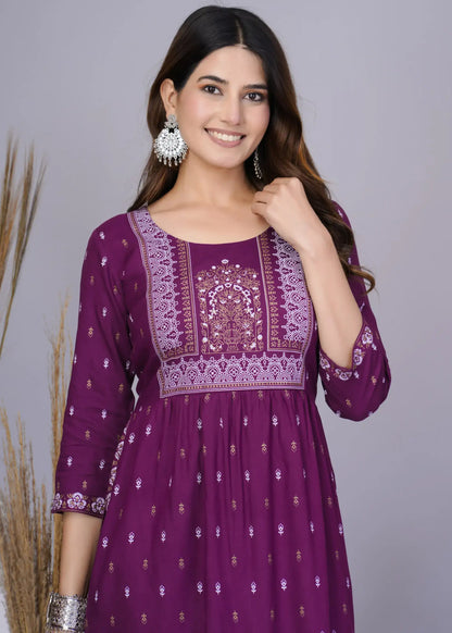 Purple Nayra Cut Printed Kurti with 3/4 Sleeves | Elegant Cotton Everyday Wear – Lamenda