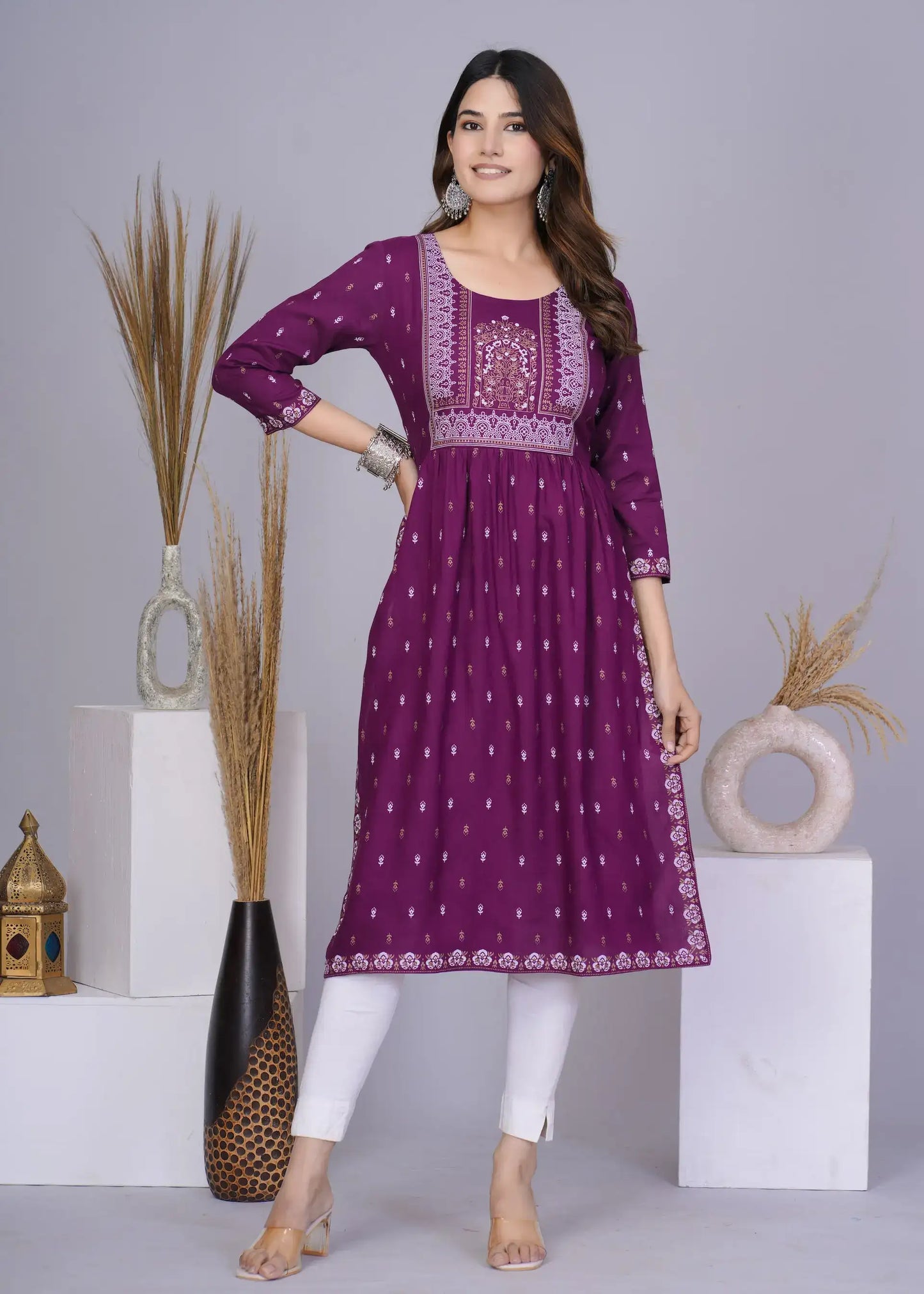 Purple Nayra Cut Printed Kurti with 3/4 Sleeves | Elegant Cotton Everyday Wear – Lamenda