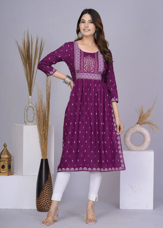 Purple Nayra Cut Printed Kurti with 3/4 Sleeves | Elegant Cotton Everyday Wear – Lamenda