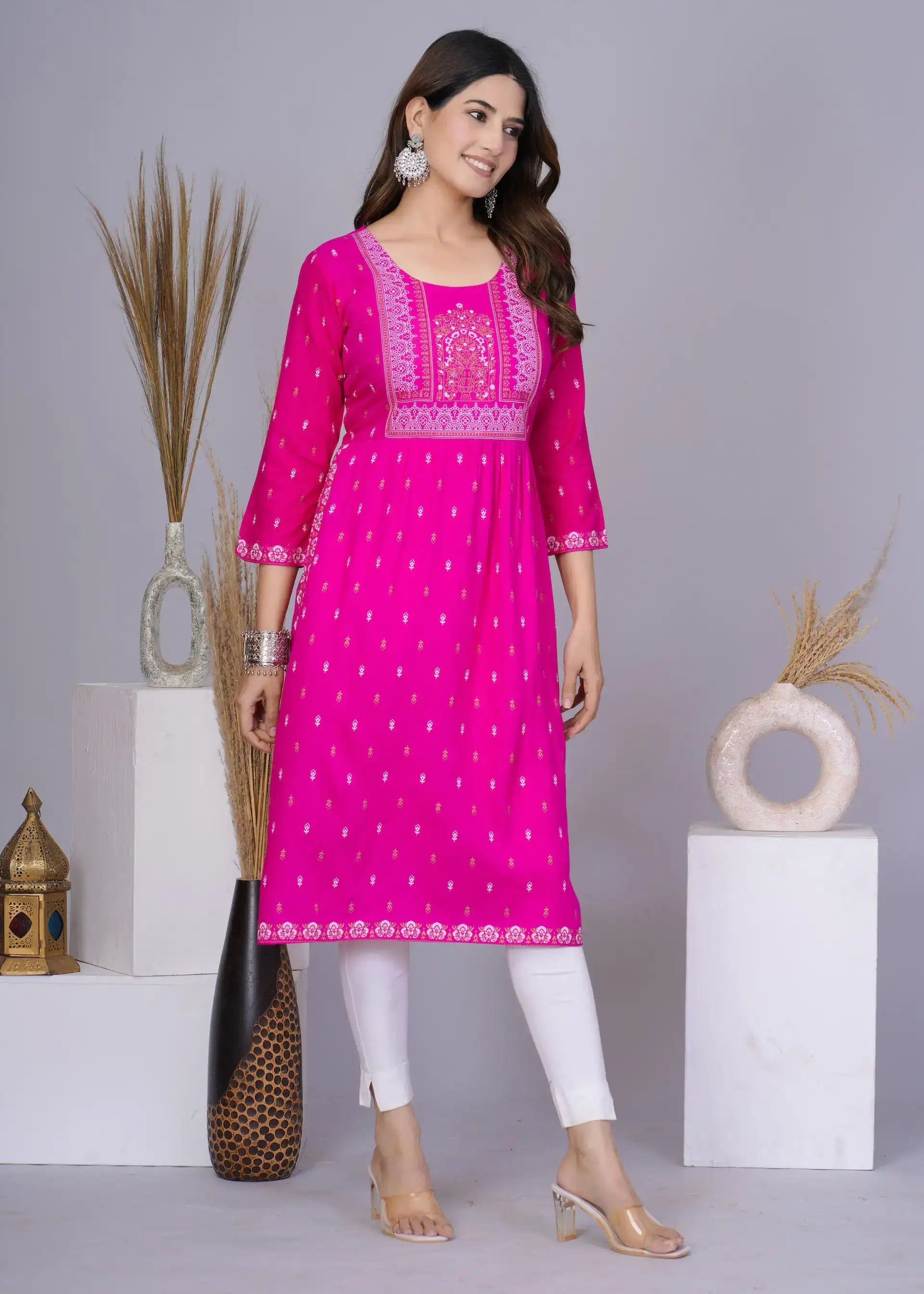 Pink Nayra Cut Printed Kurti in Cotton | Ethnic Everyday Wear for Women – Lamenda