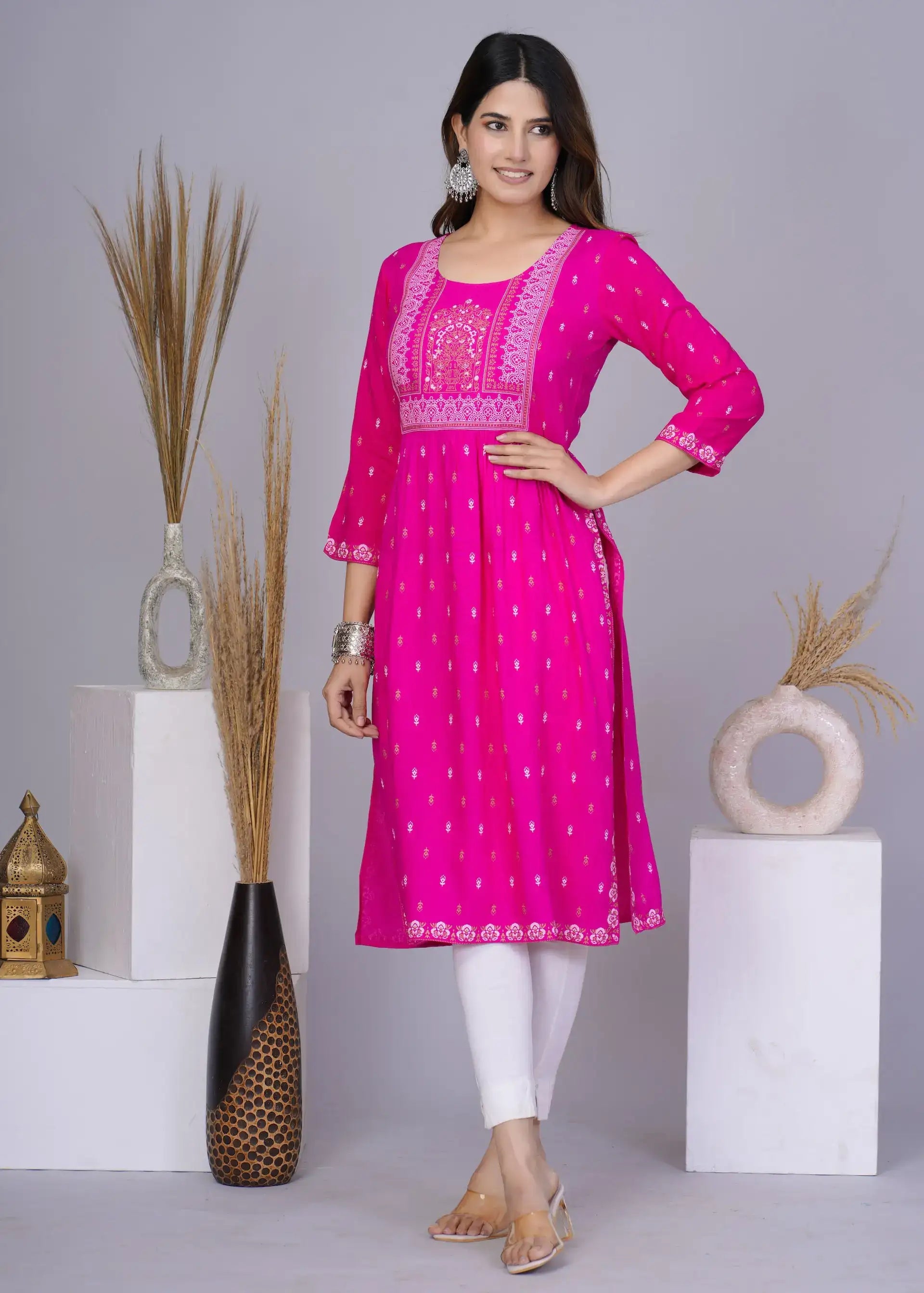 Pink Nayra Cut Printed Kurti in Cotton | Ethnic Everyday Wear for Women – Lamenda