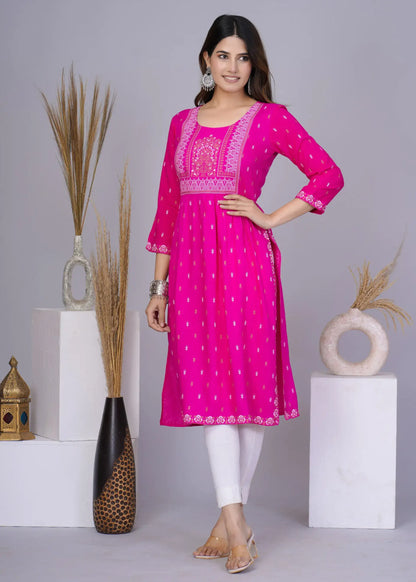 Pink Nayra Cut Printed Kurti in Cotton | Ethnic Everyday Wear for Women – Lamenda