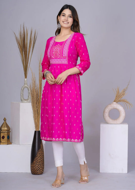 Pink Nayra Cut Printed Kurti in Cotton | Ethnic Everyday Wear for Women – Lamenda
