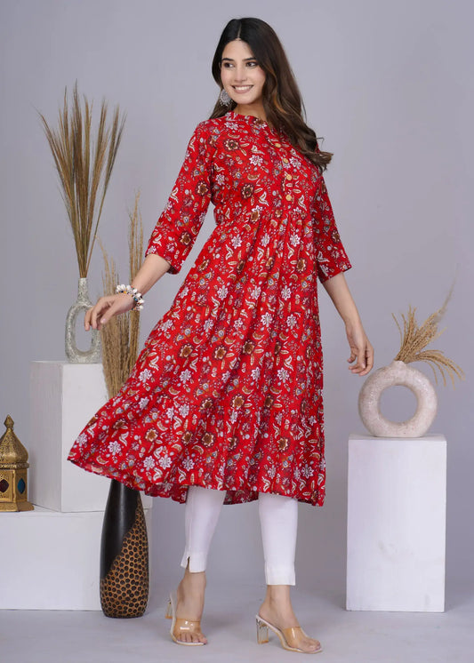 Red Floral Printed Fit & Flare Kurti for Women | Stylish Everyday Ethnic Wear – Lamenda