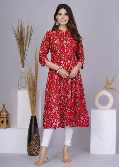 Red Floral Printed Fit & Flare Kurti for Women | Stylish Everyday Ethnic Wear – Lamenda