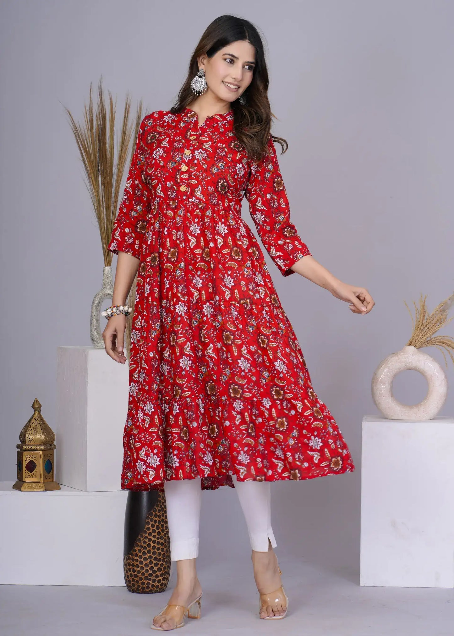 Red Floral Printed Fit & Flare Kurti for Women | Stylish Everyday Ethnic Wear – Lamenda