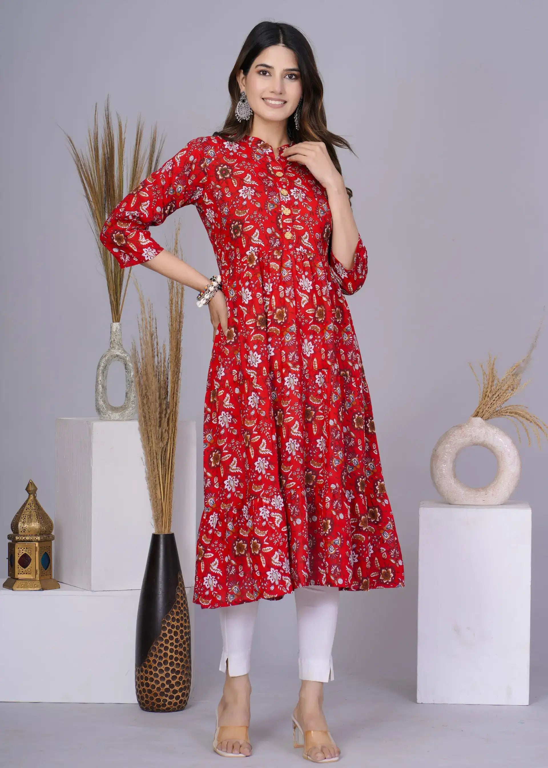 Red Floral Printed Fit & Flare Kurti for Women | Stylish Everyday Ethnic Wear – Lamenda