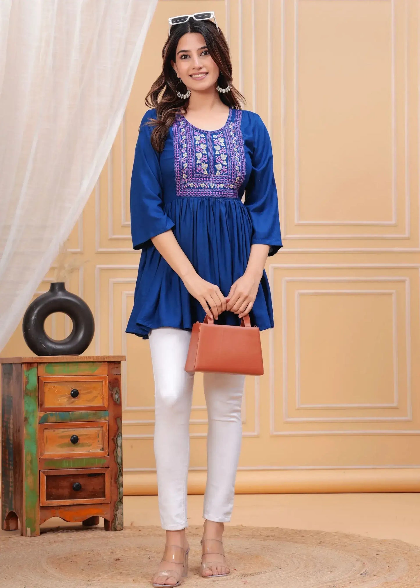 Royal Blue Embroidered Peplum Top with 3/4 Bell Sleeves & Round Neck | Cotton Flared Blouse – Lamenda