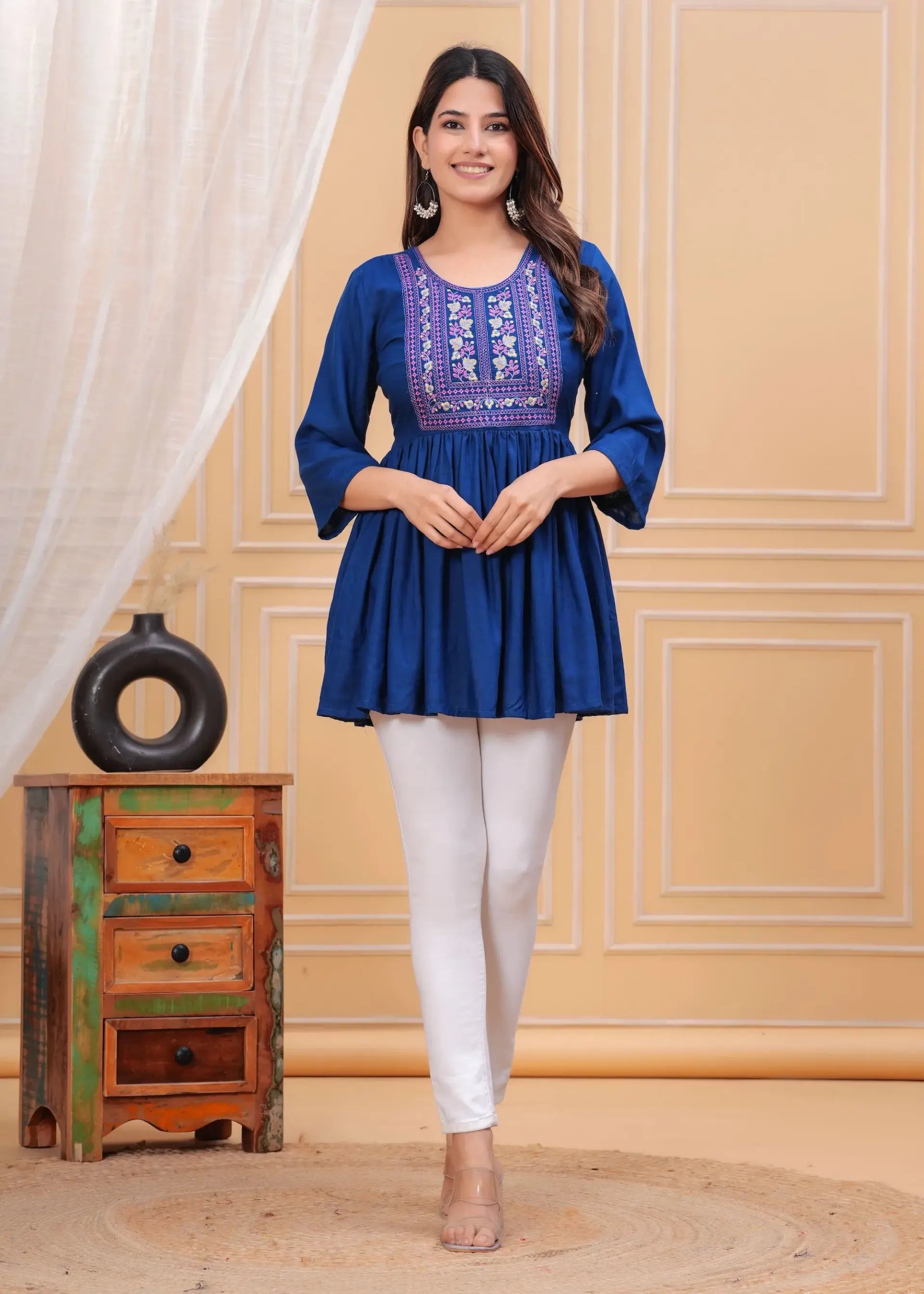 Royal Blue Embroidered Peplum Top with 3/4 Bell Sleeves & Round Neck | Cotton Flared Blouse – Lamenda