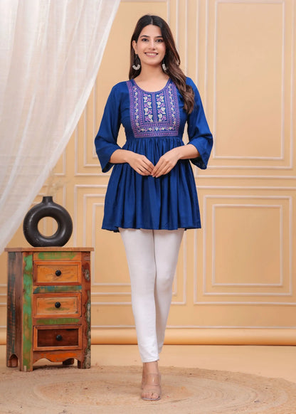 Royal Blue Embroidered Peplum Top with 3/4 Bell Sleeves & Round Neck | Cotton Flared Blouse – Lamenda