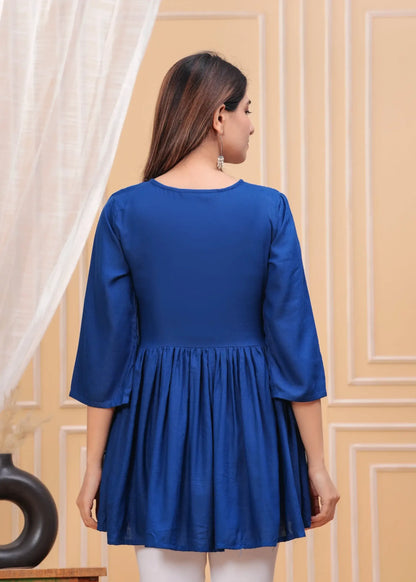 Royal Blue Embroidered Peplum Top with 3/4 Bell Sleeves & Round Neck | Cotton Flared Blouse – Lamenda