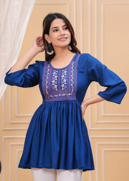 Royal Blue Embroidered Peplum Top with 3/4 Bell Sleeves & Round Neck | Cotton Flared Blouse – Lamenda
